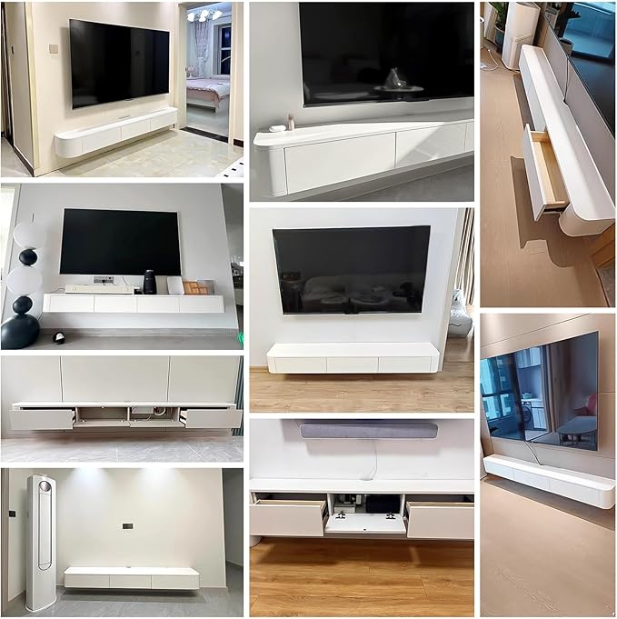 Modern White Wall-Mounted TV Cabinet, Media Console with Drawers & Cable Management, Stylish Entertainment Center, Space-Saving Storage Shelf (200x24x20cm)