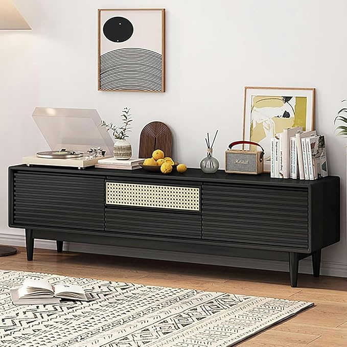 TV Stand TV Stand, Modern Entertainment Center, TV-Console with Cable Hole, Wood TV Cabinet, No Assembly Required, TV Tables with Storage, for Living Room, Bedroom(Black,Wood Leg)