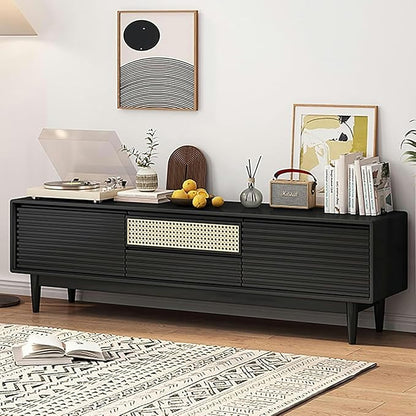 TV Stand TV Stand, Modern Entertainment Center, TV-Console with Cable Hole, Wood TV Cabinet, No Assembly Required, TV Tables with Storage, for Living Room, Bedroom(Black,Wood Leg)
