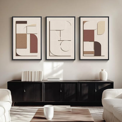 Large Framed 3D Textured Neutral Abstract Wall Art for Living Room, 3 Piece Modern Paintings Artwork for Walls, Minimalist Geometric Pictures for Hallway Office Dining Bedroom Wall Decor 24x36 In