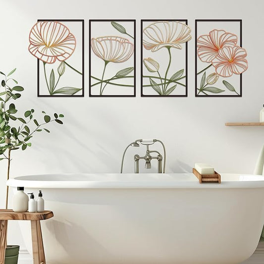 ESTART 4 Pieces Metal Lotus Wall Decor Abstract Floral Aesthetic Splicing Line Art Minimalist Wall Art for Bedroom Flowers Hanging Wall Sculpture for Bathroom Living Room Kitchen Yoga Room (Colorful)