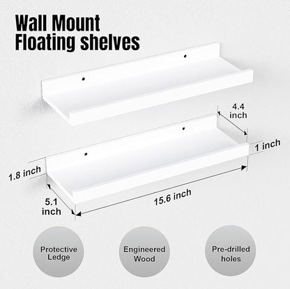 RICHER HOUSE 5 Set White Floating Shelves, Wall Mounted Shelves for Wall Decor, Modern Picture Ledge Shelf with Lip for Storage Nursery, Bedroom, Living Room, Bathroom - White