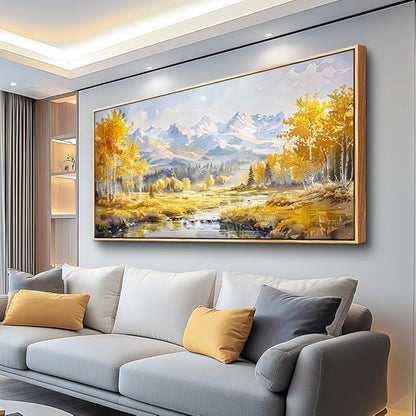 ZUITINGHUA Large Wood Framed Wall Decor For Living Room Canvas Wall Art For Office Modern Wall Decorations For Bedroom Yellow Tree Landscape Paintings Mountain Pictures Artwork Home Decor 24x48 In