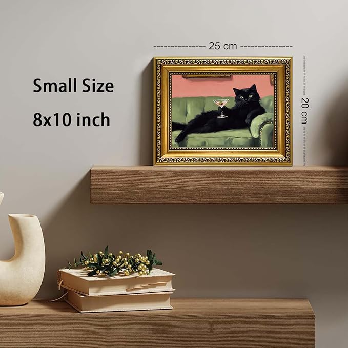 YD&YZY Gold Framed Funny Cat Wall Art Canvas Black Cat Martini Vintage Quirky Humor Bar Cart Wall Decor Cute Animal Painting Picture Print Artwork for Bedroom Living Room Bathroom 8x10 inch Small Framed