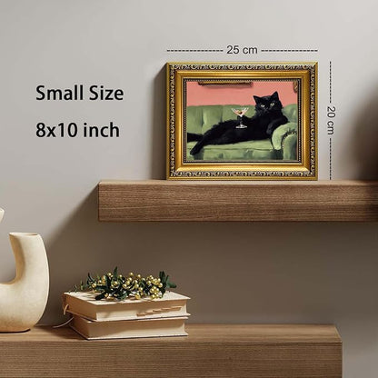YD&YZY Gold Framed Funny Cat Wall Art Canvas Black Cat Martini Vintage Quirky Humor Bar Cart Wall Decor Cute Animal Painting Picture Print Artwork for Bedroom Living Room Bathroom 8x10 inch Small Framed