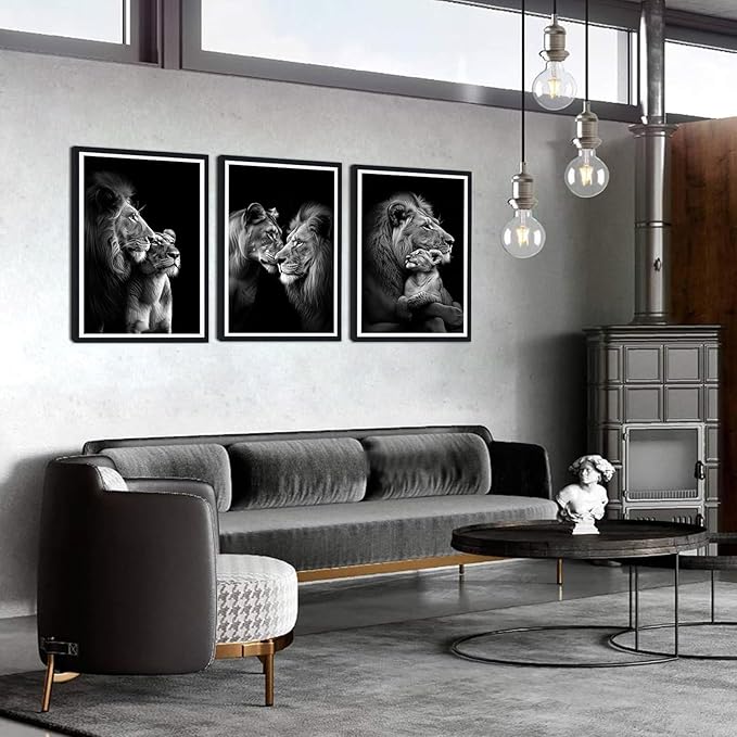 3 Pieces Wildlife Lion Family Framed Canvas Wall Art Black and White Animals Picture Wall Decor for Farmhouse African Animals Print Artwork for Office Nursery Decoration Easy to Hand 16x24inchx3pcs