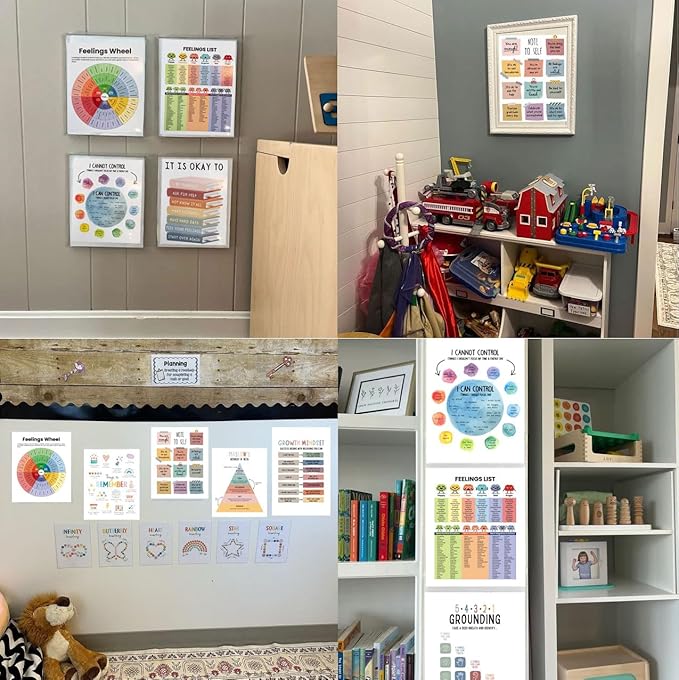 ajdvart 12 Pcs Mental Health Posters - Therapy Office Decor, Homeschool, Classroom & Calm Down Corner | Feelings Wheel & List of Emotions | Healthy Coping Skills Posters(11"x14")