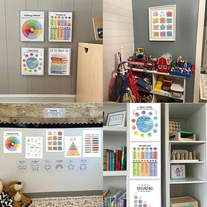 ajdvart 12 Pcs Mental Health Posters - Therapy Office Decor, Homeschool, Classroom & Calm Down Corner | Feelings Wheel & List of Emotions | Healthy Coping Skills Posters(11"x14")