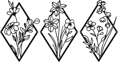 ShxTrade 3 Pcs Metal Flowers Wall Arts, Rustic Farmhouse Decor Minimalist Flower Wall Decors Natural Themed Home Decorations for Bathroom Kitchen Living Room Bedroom (Black)
