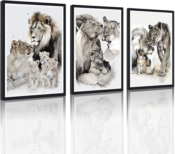 Watercolor Nature Animals Framed Canvas Wall Art 3 Pieces Lion Family Portrait Wall Decor for Country Apartment Living Room Bedroom Wildlife Animals Artwork Decoration Easy to Hand 24x36inchx3pcs
