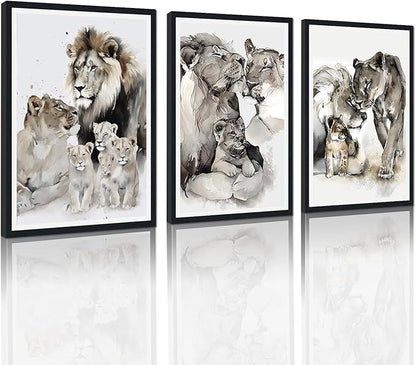 Watercolor Nature Animals Framed Canvas Wall Art 3 Pieces Lion Family Portrait Wall Decor for Country Apartment Living Room Bedroom Wildlife Animals Artwork Decoration Easy to Hand 24x36inchx3pcs