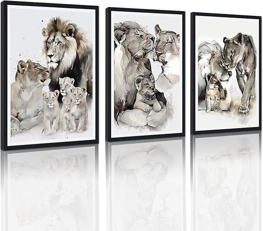 Watercolor Nature Animals Framed Canvas Wall Art 3 Pieces Lion Family Portrait Wall Decor for Country Apartment Living Room Bedroom Wildlife Animals Artwork Decoration Easy to Hand 24x36inchx3pcs