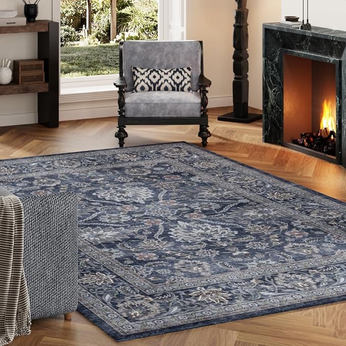 4x6 Area Rugs Grey and Blue Washable Rug for Living Room, Dining Room, Bedroom, Large Carpets, Non Slip & Non-Shedding Low Pile Vintage Print Rug for Home Office Decor
