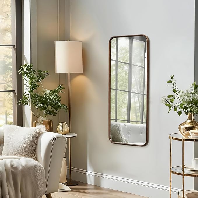 Niccy 47"×24" Wood Frame Rect Full Length Mirror, HD Long Wall-Mounted Mirrors, Large Body Hanging Mirrors for Living Room, Explosion-Proof Decorative Vanity Mirrors for Entryway, Bedroom, Red Walnut
