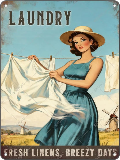 Laundry Vintage Tin Sign Funny Sarcastic Fresh Linens Breezy Days Retro Housewife Design Vintage 1950s Mom 16x12 Inch