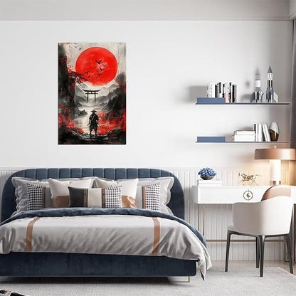 Japan Samurai and Full Moon Pictures Wall Art Japanese Theme Painting Canvas Prints Bushido Posters Japanese Landscape Artwork Home Decor Framed for Living Room Bedroom Office (18''W x 24''H)
