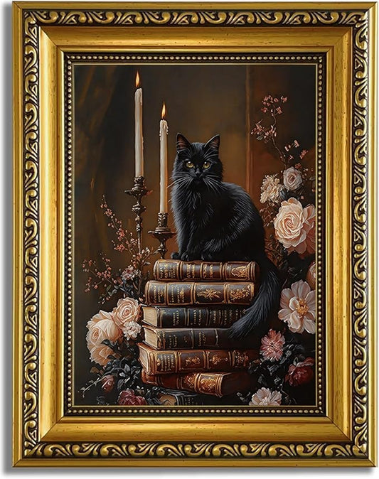 YD&YZY Gold Framed Moody Wall Art Vintage Canvas Dark Academia Victorian Black Cat Book Floral Wall Decor Gothic Aesthetics Painting Picture Print for Bedroom Bathroom 8x10 inch Small Framed