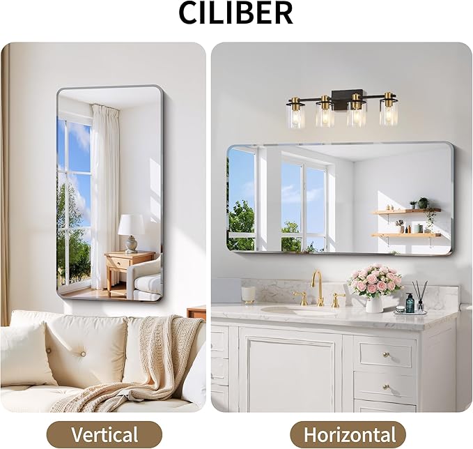 CILIBER Beveled Mirror, 24x48 Rectangle Bathroom Mirror Rounded Corner, 3mm Tempered Glass Frameless Vanity Mirror with Beveled Edge for Over Sink, Bedroom, Entryway, Vertical or Horizontal