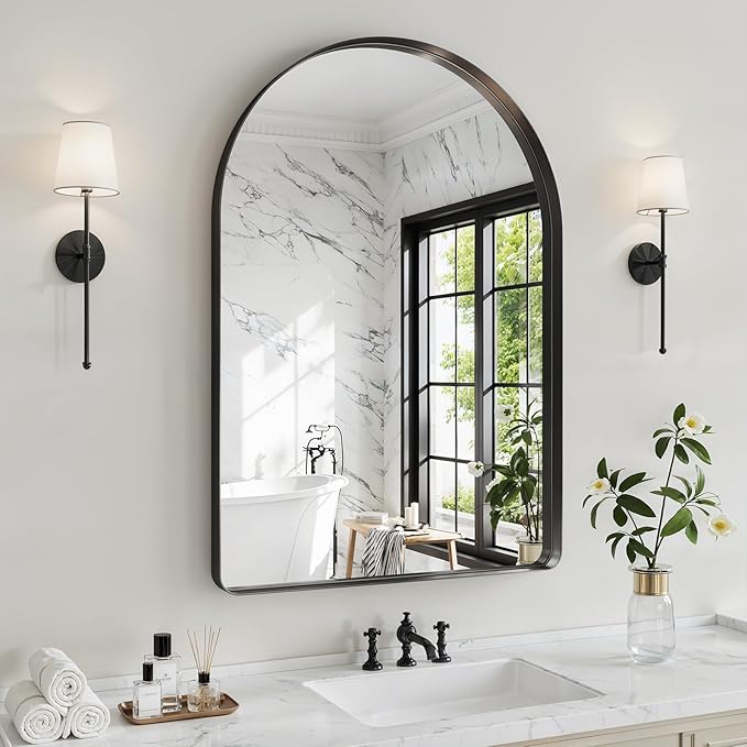 Arched Bathroom Mirror, 30"x40" Black Mirror for Wall Mounted Vanity Mirror for Over Sink with Tempered Glass, Aluminum Alloy Deep Frame, Farmhouse for Bedroom, Entryway, Living Room