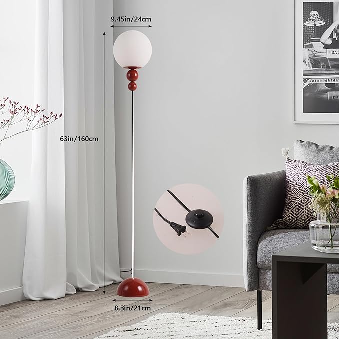DEC LUCE DECOLUCE LIGHTING Modern Floor Lamps for Living Room, Globe Glass Shade Floor lamp for Bedroom, Standing lamp for Office, Corner(red)
