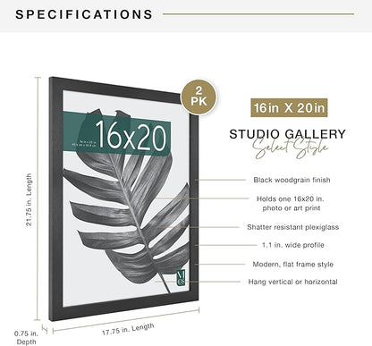 MCS Studio Gallery 16x20 Poster Frame Black Woodgrain Engineered Wood, Vertical & Horizontal Wall Hanging Large Picture Frame for Photos, Posters & Art Prints (2-Pack)