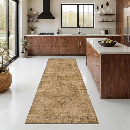 2'6"x8' Brown and Gold Kitchen Runner Rugs Non Skid Washable - 8ft Long Rugs for Hallway, Vintage Abstract Design Entryway Carpet, Neutral Dark Farmhouse Medallion Decor