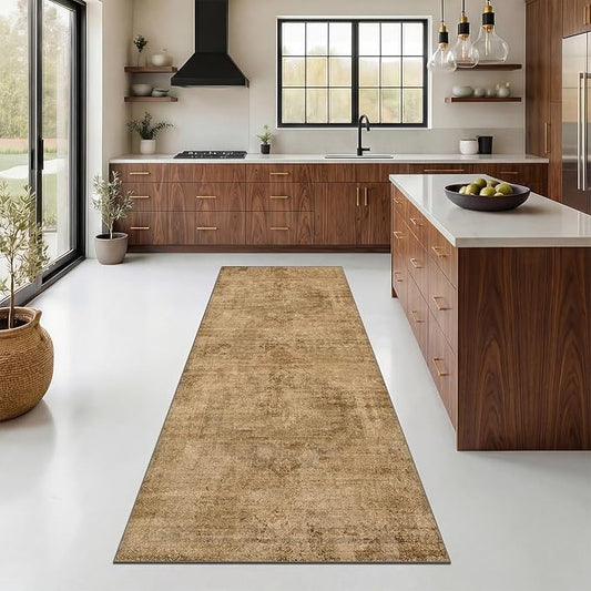 2'6"x8' Brown and Gold Kitchen Runner Rugs Non Skid Washable - 8ft Long Rugs for Hallway, Vintage Abstract Design Entryway Carpet, Neutral Dark Farmhouse Medallion Decor