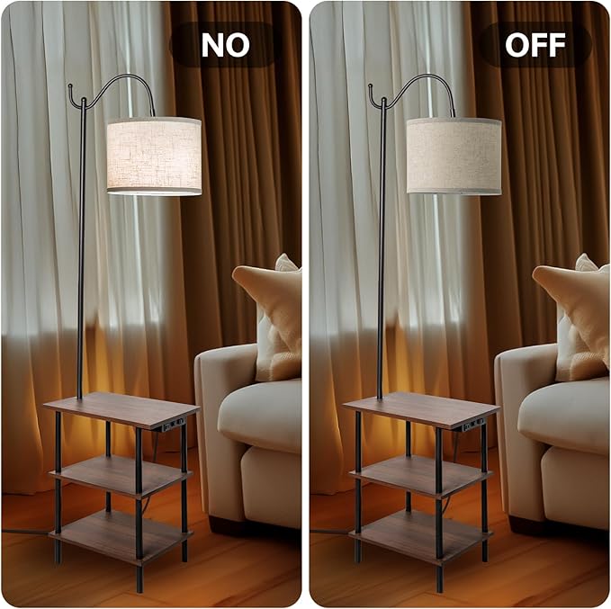 EOEYYOYB Floor Lamp with 3-Tier Shelves, End Table Lamp with USB Charging Port Power Outlet, Side Table Reading Light with 3 Color Temperature Led Bulb Included, Floor Lamps for Living Room, Walnut