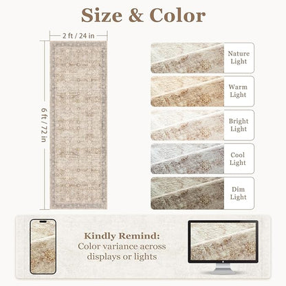 Beige Neutral 2x6 Runner Rug for Hallways Entryway, Vintage Earth Tone Kitchen Bathroom Runner 6ft, Non Slip Washable Low Pile Thin Carpet Runner for Mudroom/Laundry Room/Bedroom Bedside