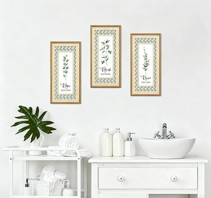IARTTOP Sage Green Bathroom Wall Art Set of 3 Eucalyptus Leaf Wall Decor Relax Refresh Revive Bathroom Hanging Decor Light Green Botanical Plant Art Painting Framed for Farmhouse Living Room Office 8x16Inch