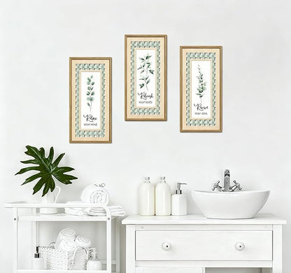 IARTTOP Sage Green Bathroom Wall Art Set of 3 Eucalyptus Leaf Wall Decor Relax Refresh Revive Bathroom Hanging Decor Light Green Botanical Plant Art Painting Framed for Farmhouse Living Room Office 8x16Inch