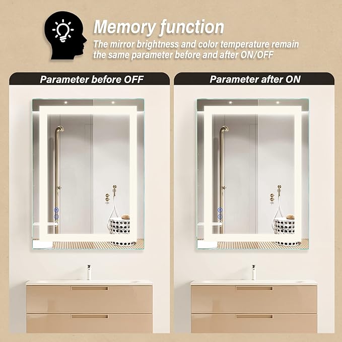 36"x 28" LED Bathroom Mirror with Light, Anti-Fog, Dimmable, Color Temperature Adjustable 3000-6000K, Memory Function Led Wall Mirror for Bathroom, Vanity (Vertical/Horizontal)