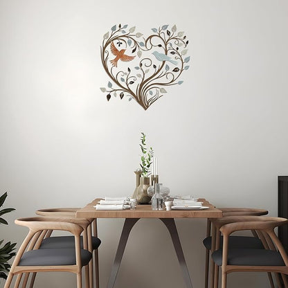 Hnatzu Colorful Heart Tree Metal Wall Art with Birds,Vibrant Heart Wall Decor for Living Room,Unique Metal Bird Wall Art for Home, Garden,or as a Gift of Love and Family