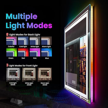 Snowdool LED Mirror for Bathroom, 77"X36" with 8 RGB Backlit +3 Front Lit (Adjustable Individually), Anti-Fog, Large Lighted Bathroom Vanity Mirror for Wall,Shatterproof,Memory Function,Tempered Glass