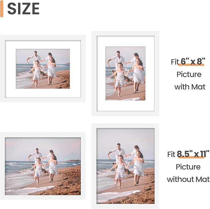 upsimples 8.5x11 Picture Frame Set of 3, Made of High Definition Glass for 6x8 with Mat or 8.5x11 Without Mat, Wall Mounting Photo Frames, White