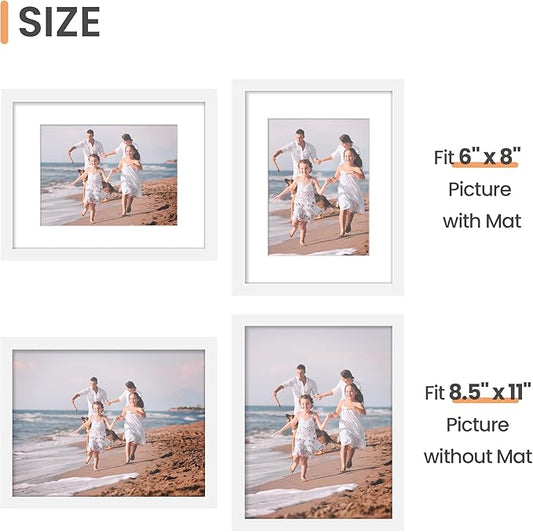 upsimples 8.5x11 Picture Frame Set of 3, Made of High Definition Glass for 6x8 with Mat or 8.5x11 Without Mat, Wall Mounting Photo Frames, White