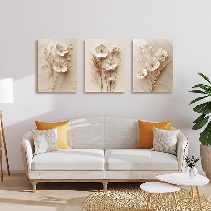 GELDSTEI Neutral Simple Beige Floral Canvas Wall Art, Modern Minimalist Botanical Wall Decor, Vintage Beige Flower Poster Prints for Living Room Bedroom Farmhouse Framed Set of 3, Each 16x24 Inch