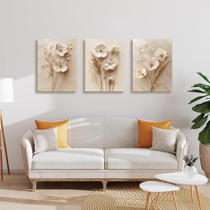 GELDSTEI Neutral Simple Beige Floral Canvas Wall Art, Modern Minimalist Botanical Wall Decor, Vintage Beige Flower Poster Prints for Living Room Bedroom Farmhouse Framed Set of 3, Each 16x24 Inch