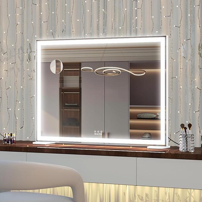 ANYHI Large Vanity Mirror with Lights, 36.2" x 26.8" Hollywood Lighted Vanity Mirror, 10X Magnification, Smart Touch Control, 3 Color Modes, Memory Function,USB Charging, Tabletop or Wall Mount, White