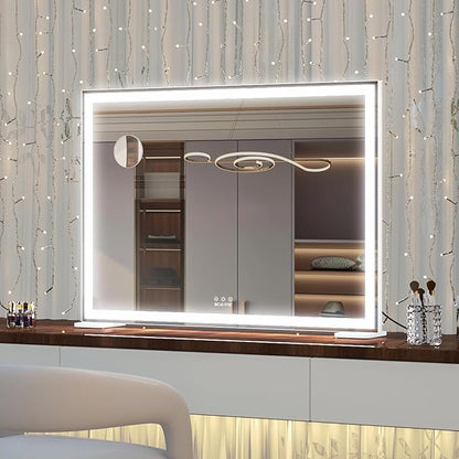 ANYHI Large Vanity Mirror with Lights, 36.2" x 26.8" Hollywood Lighted Vanity Mirror, 10X Magnification, Smart Touch Control, 3 Color Modes, Memory Function,USB Charging, Tabletop or Wall Mount, White