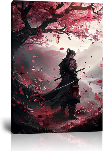 Japanese Samurai Wall Art Japan Warrior Plum Painting Canvas Prints Black and Red Picture Modern Watercolor Painting for Bedroom Living Room Office Home Decoration Framed (18''W x 24''H)