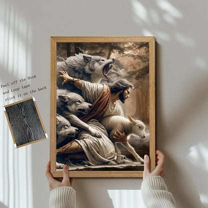 Framed Jesus and Lamb Canvas Wall Art Jesus Saves The Lost Lamb Picture Wall Decor God Protect A sheep From Wolves Painting Print Christian Poster Artwork for Living Room Bedroom Church (12x16 in)