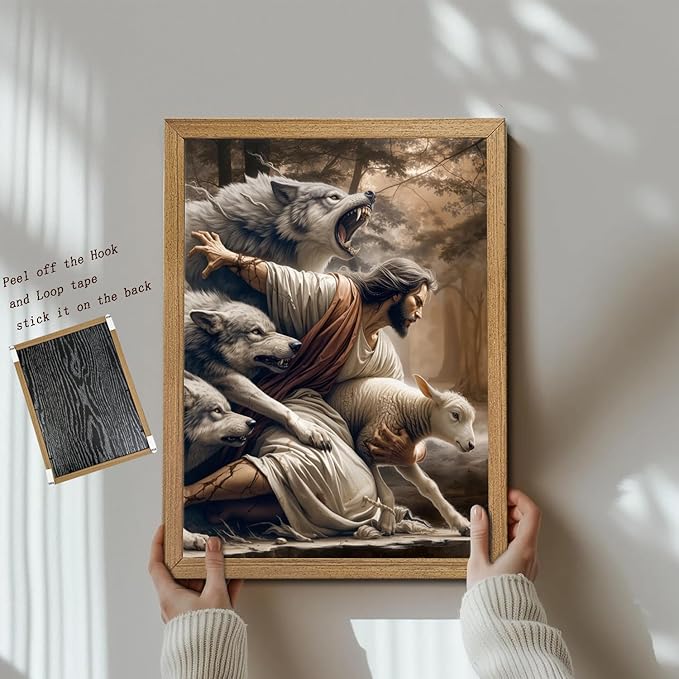 Framed Jesus and Lamb Canvas Wall Art Jesus Saves The Lost Lamb Picture Wall Decor God Protect A sheep From Wolves Painting Print Christian Poster Artwork for Living Room Bedroom Church (16x24 in)