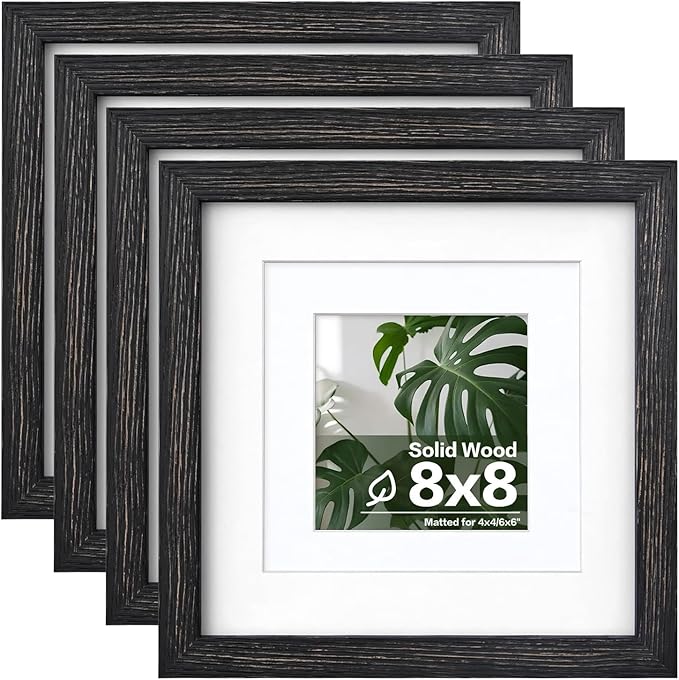 Egofine 8x8 Picture Frame Made of Solid Wood with Plexiglass, Display Pictures 4x4/6x6 with Mat or 8x8 Without Mat Set of 4 for Tabletop and Wall Mounting, Driftwood Black