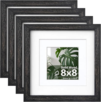 Egofine 8x8 Picture Frame Made of Solid Wood with Plexiglass, Display Pictures 4x4/6x6 with Mat or 8x8 Without Mat Set of 4 for Tabletop and Wall Mounting, Driftwood Black
