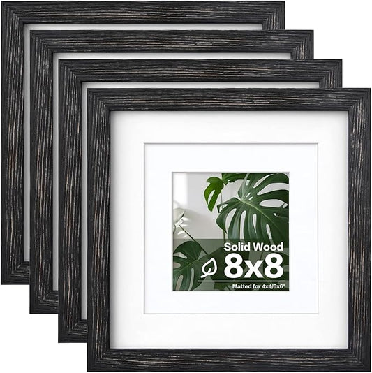Egofine 8x8 Picture Frame Made of Solid Wood with Plexiglass, Display Pictures 4x4/6x6 with Mat or 8x8 Without Mat Set of 4 for Tabletop and Wall Mounting, Driftwood Black