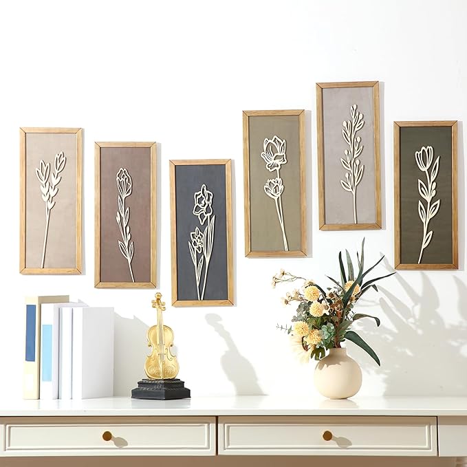 Wesiti 6 Pcs Boho Wall Art Wooden Floral Wall Decor Minimalist Botanical Print Art Decor for Rustic Vintage Farmhouse Home Living Room Bedroom Bathroom Kitchen Decoration, 15.75 x 6.69 Inch(Morandi)