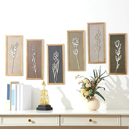 Wesiti 6 Pcs Boho Wall Art Wooden Floral Wall Decor Minimalist Botanical Print Art Decor for Rustic Vintage Farmhouse Home Living Room Bedroom Bathroom Kitchen Decoration, 15.75 x 6.69 Inch(Morandi)