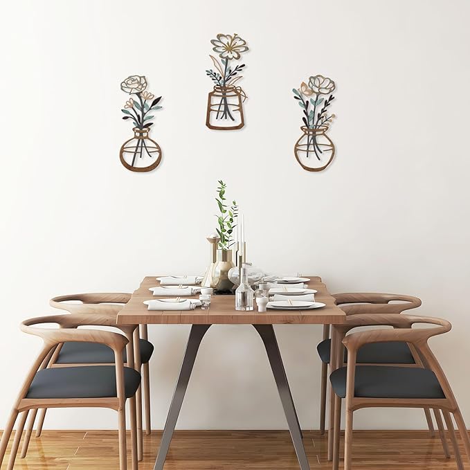 ARTINME 3 Pieces Metal Flowers Wall Arts - Rustic Farmhouse Decor Minimalist Flower Wall Decors for Living Room Bathroom Kitchen Bedroom Dining Room - Housewarming Gifts (Brown)