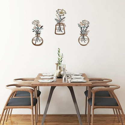 ARTINME 3 Pieces Metal Flowers Wall Arts - Rustic Farmhouse Decor Minimalist Flower Wall Decors for Living Room Bathroom Kitchen Bedroom Dining Room - Housewarming Gifts (Brown)